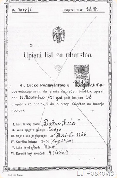 Upisni list barke iz 1921