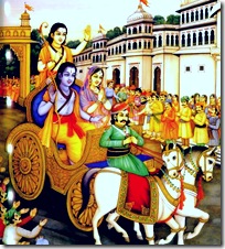 Sita, Rama, and Lakshmana travelling by horse and carriage