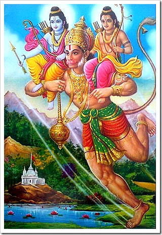 Hanuman carrying Lakshmana and Rama