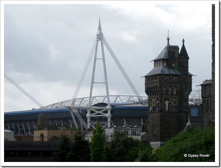 Cardiff Castle's clock tower and the Millenium stadium.