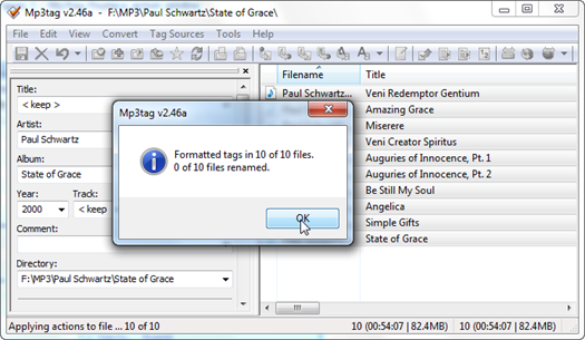 Figure 5 – Mp3tag listing 10 MP3 files after the batch processing
