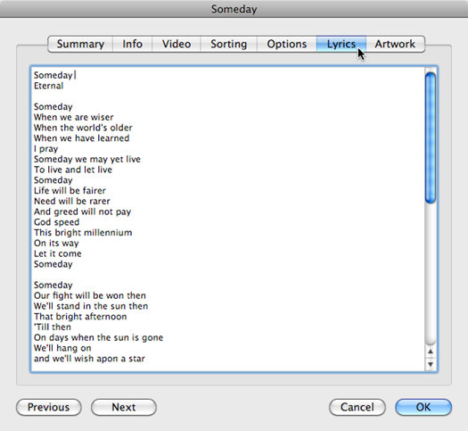 Adding lyrics to an iTunes music file through the Lyrics tab