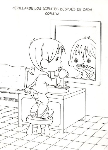 Niño lavándose o cepillándose los dientes para colorear