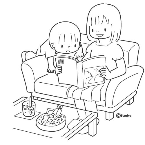 Mamá leyendo con su hijo para colorear
