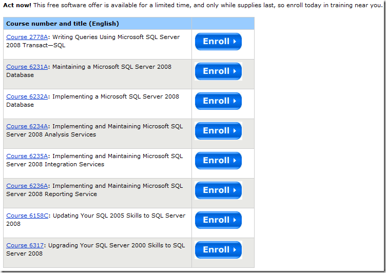 贈送SQL Server正式版本軟體的課程清單