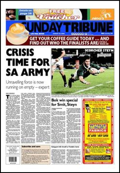 SA Army in Crisis Aug 2 2009 Sunday Tribune ZA Front Page Ed3