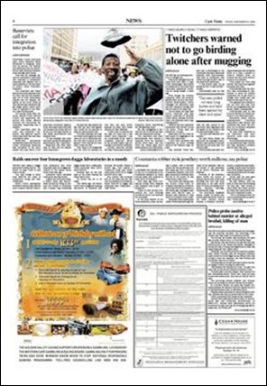 Cape Times Page 6 Constantia mansions looted, birder murdered... Nov 6 2009