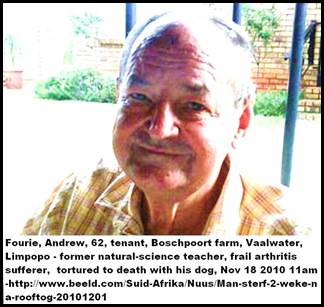 Fourie Andrew 62 murdered Vaalwater Limpopo Nov 16 2010