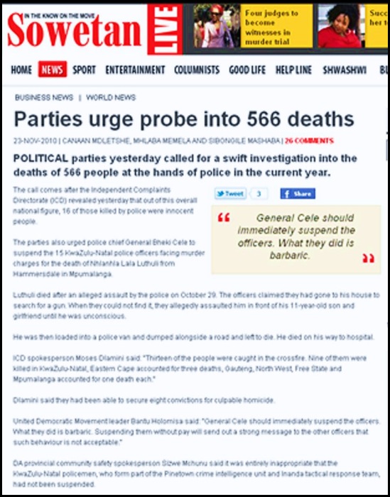 SAPS 566 DEATHS IN DETENTION 2010 SOWETAN