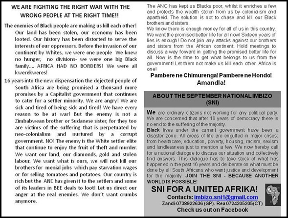 Antiwhite BLACKWASH pamphlet urging blacks to attack SETTLERS instead of fellow blacks Andile Mnxgama