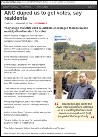 THABAZIMBI RESIDENTS URGED BY ANC TO INVADE LAND