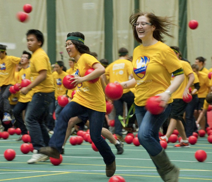 Two thousand and twelve students try to reclaim the Guinness World Record for most people in a dodge ball game, in Edmonton, Alberta, on Friday, February 4, 2011.  The record attempt at the Butterdome, Universiade Pavilion on the University of Alberta campus eclipsed the current record which was set by just over 1700 students. THE CANADIAN PRESS/John Ulan