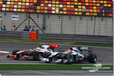 18.04.2010 Shanghai, China, 
Lewis Hamilton (GBR), McLaren Mercedes and Michael Schumacher (GER), Mercedes GP Petronas - Formula 1 World Championship, Rd 4, Chinese Grand Prix, Sunday Race - www.xpb.cc, EMail: info@xpb.cc - copy of publication required for printed pictures. Every used picture is fee-liable. © Copyright: Batchelor / xpb.cc