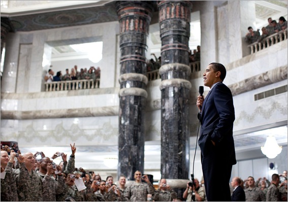 President Barack Obama addresses U.S. troops during his visit to Camp Victory, Baghdad, Iraq on April 7th, 2009. (Official White House Photo by Pete Souza)