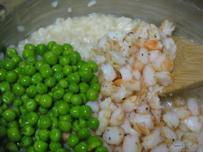 Creamy Parmesan Risotto with Roasted Shrimp and Peas - Photo by Michelle Judd of Taste As You Go