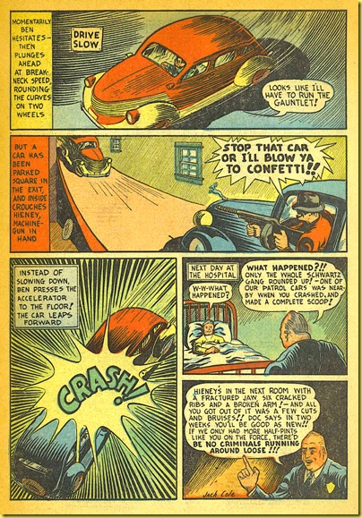 A car crash in a parking garage in a rare old comic book story called Little Dynamite by Plastic Man and Playboy artist Jack Cole._6