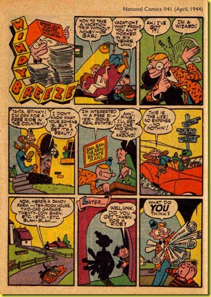 image: comic book cartoon character pats himself on the back and rides in a car