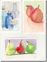 postcards 2 pear and a bottle