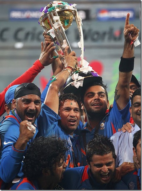 In his sixth attempt, Sachin Tendulkar gets his hands on a World Cup, India v Sri Lanka, final, World Cup 2011, Mumbai, April 2, 2011
