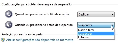 Na versão Ultimate do Windows 7, é possível também configurar opções para o botão de suspensão.