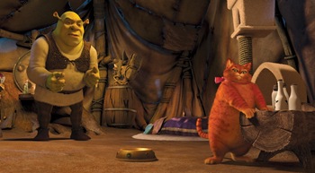 Shrek (MIKE MYERS) takes in the pampered surroundings of the over-coiffed and 
over-fed Puss In Boots (ANTONIO BANDERAS) in DreamWorks Animation?s ?Shrek 
Forever After,? releasing May 21, 2010 and distributed by Paramount Pictures. 