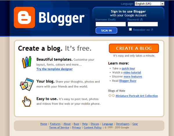 Blogger.com home page