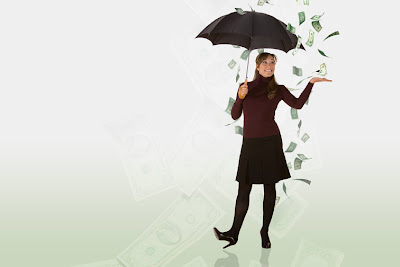 Woman under umbrella, money raining from short term installment loan