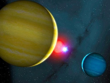 ilustração de dois planetas num sistema binário de estrelas