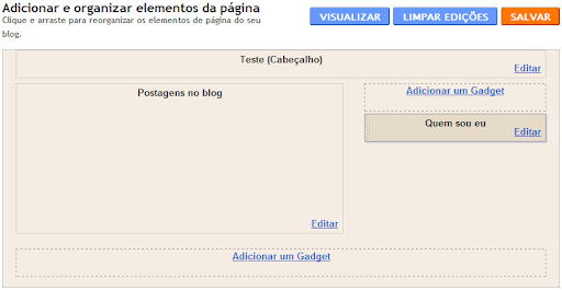 Área “Design” do Blogger, sem a barra de navegação