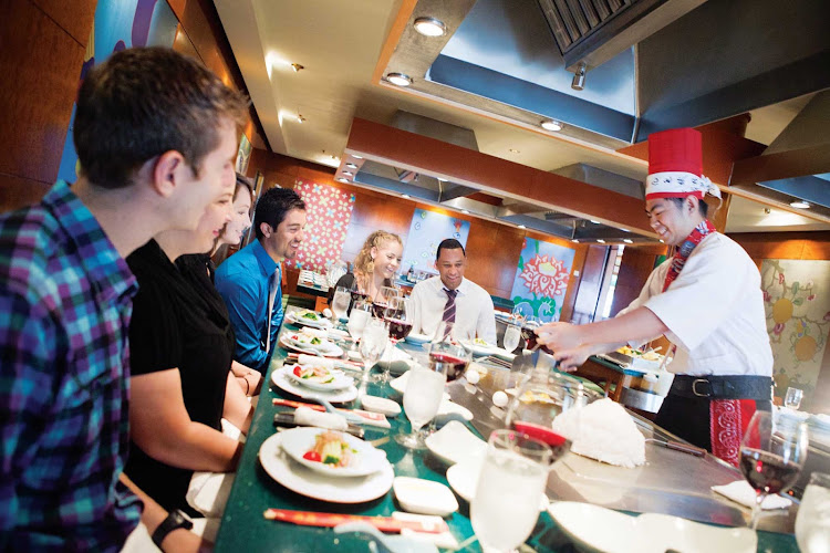 At the Teppanyaki Room aboard Norwegian Jewel, you'll be entertained by the chefs preparing authentic Japanese dishes.
