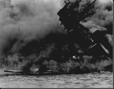 USS ARIZONA burning Pearl Harbor