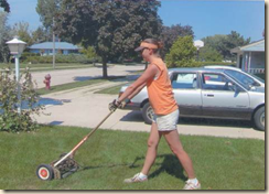 orange lawnmowing outfit
