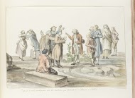 Onderhandeling tussen gids van reisgezelschap en muilezeldrijvers met wie zij naar de Etna gaan