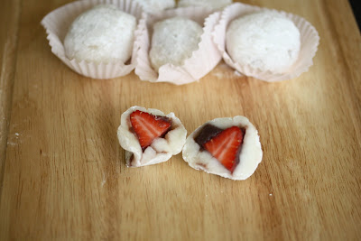 overhead photo of Mochi with fresh strawberry