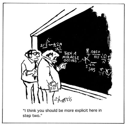 cartoon of two scientists doing a math problem