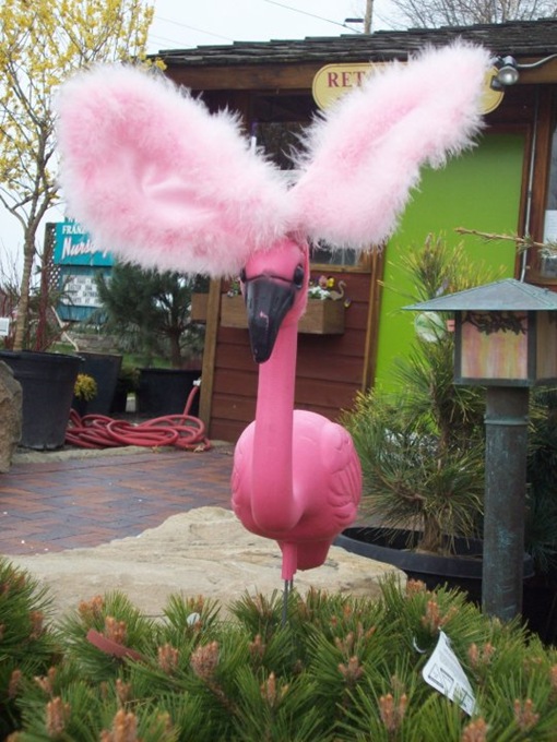 photo of a flamingo wearing bunny ears