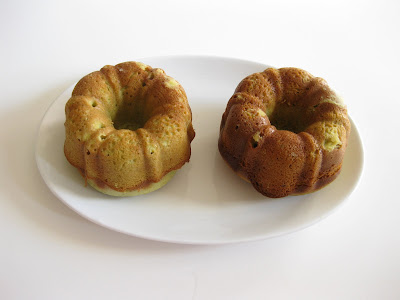 photo of two matcha green tea yogurt bundt cakes on a plate