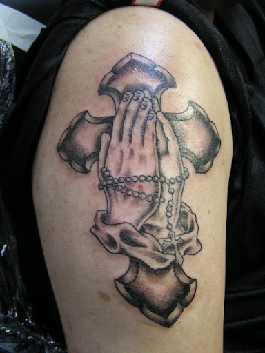 Pictures of Cross tattoo and Prayer hands tattoo