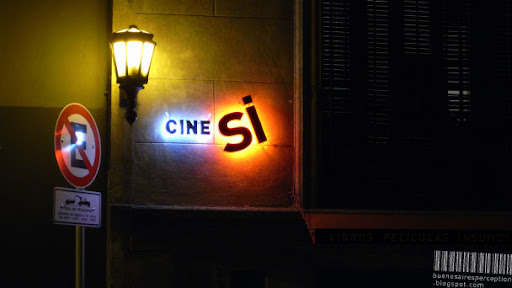 Backlit Shop Sign of the Cine Si Bookstore in San Telmo Buenos Aires, Argentina