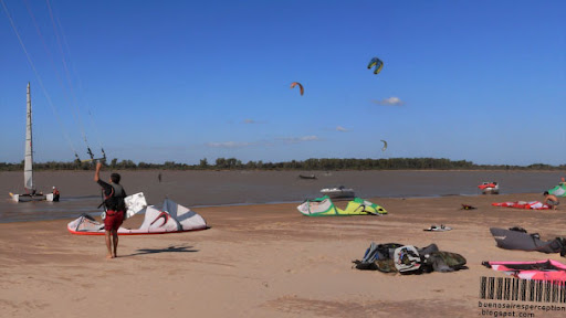Kite Boarding, Surface Water Sport on the River Paraná in Rosario, Argentina