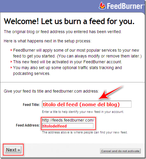 generare URL nuovo feed feedburner