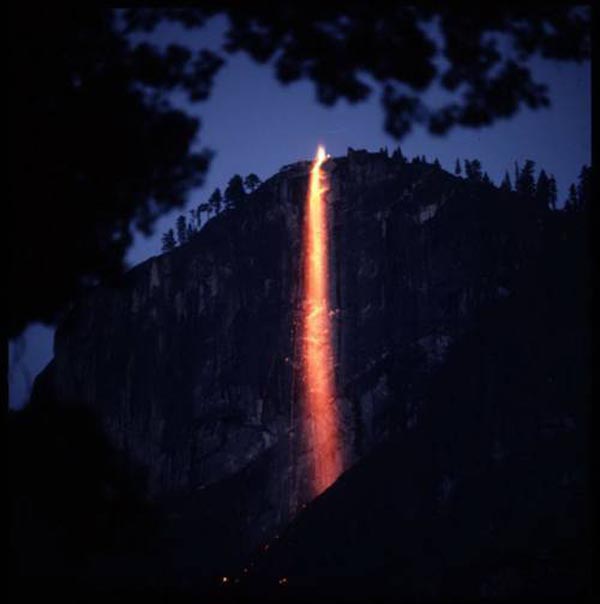 Yosemite waterfall on fire, at dusk