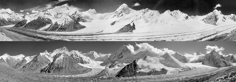 West Rongbuk Glacier, 1921 and 2008. At 29,028 feet, Mount Everest is the world's tallest mountain. Three major glaciers on the northern side of the mountain, the West, Main, and East Rongbuk Glaciers, have shrunk by 300-400 vertical feet along their entire course, and are retreating at an alarming rate. 
