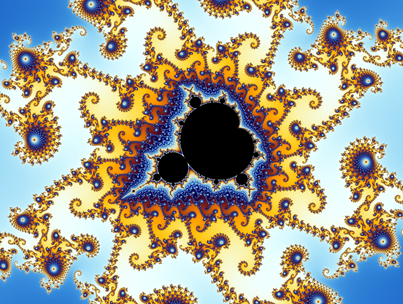 Partial view of the Mandelbrot set. Step 7 of a zoom sequence: Each of this crowns consists of similar 'seahorse tails'. Their number increases with powers of 2, a typical phenomenon in the environment of satellites. # Coordinates of the center: Re(c) = -.743,643,135, Im(c) = .131,825,963 # Horizontal diameter of the image: .000,014,628 # Magnification relative to the initial image: 210,350. Created by Wolfgang Beyer with the program Ultra Fractal 3. via wikipedia.org