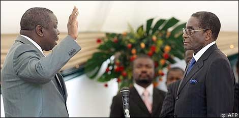 Tsvangirai being sworn in as prime minister