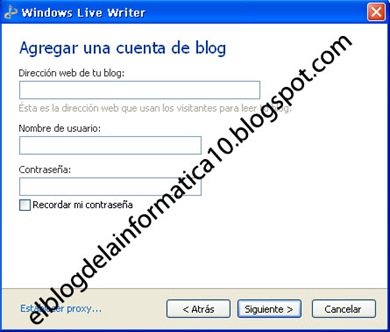 Configuración de la cuenta del blog en Windows Live Writer