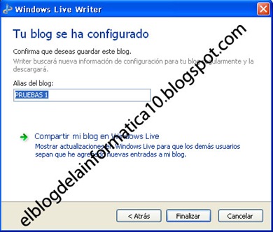 Configuración de la cuenta del blog en Windows Live Writer