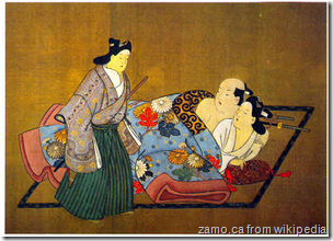 Trei samurai. Miyakawa Choshun (1682–1753). Panou de la un sul erotic, pictura pe matase