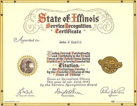 CAHILL, John Francis CAHILL State of Illinois Service Recognition Certificate