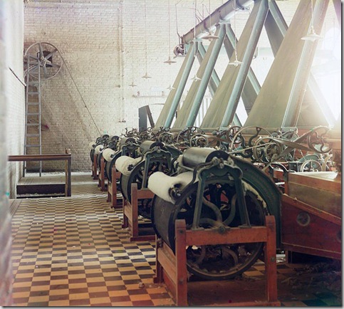 Cotton textile mill interior with machines producing cotton thread, probably in Tashkent; between 1905 and 1915
Sergei Mikhailovich Prokudin-Gorskii Collection (Library of Congress).